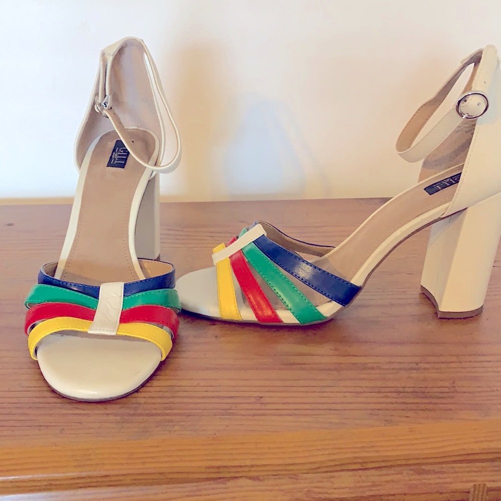 Rainbow Block heels White Leather ankle strap